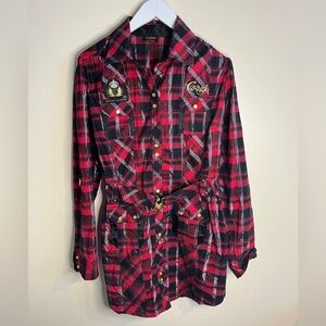 COOGI Y2K Red and Black Plaid Snap/ Button Up Long Sleeve Mini Dress Belted
